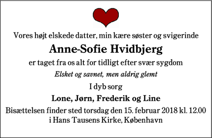 Dødsannoncen for Anne-Sofie Hvidbjerg - Kolding