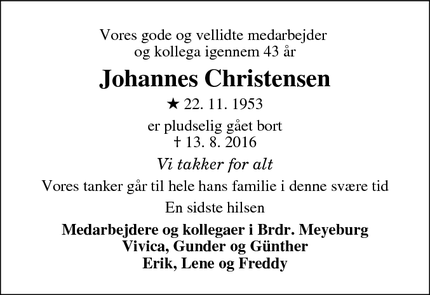 Dødsannoncen for Johannes Christensen - Hjortekær