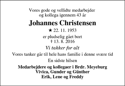 Dødsannoncen for Johannes Christensen - Hjortekær