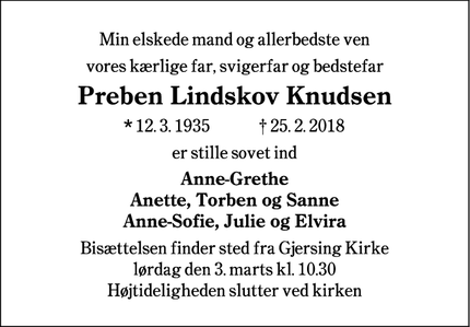 Dødsannoncen for Preben Lindskov Knudsen - Esbjerg N