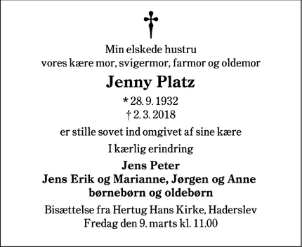 Dødsannoncen for Jenny Platz - Haderslev