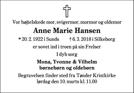 Dødsannoncen for Anne Marie Hansen - Tønder
