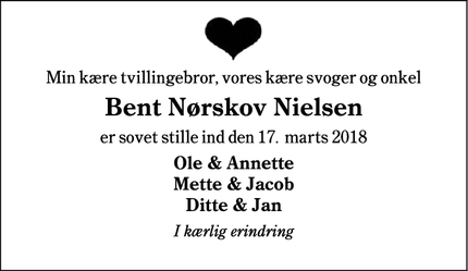 Dødsannoncen for Bent Nørskov Nielsen - Esbjerg