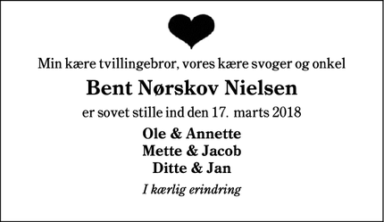 Dødsannoncen for Bent Nørskov Nielsen - Esbjerg