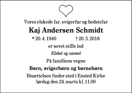 Dødsannoncen for Kaj Andersen Schmidt - Stubbæk
