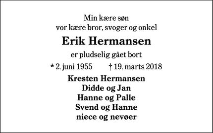 Dødsannoncen for Erik Hermansen - Ølgod