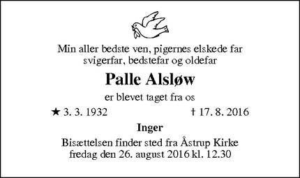 Dødsannoncen for Palle Alsløw - Haderslev