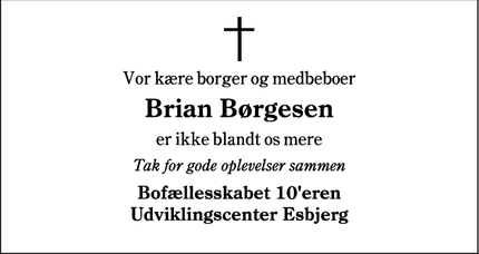 Dødsannoncen for Brian Børgesen - Esbjerg