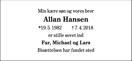 Dødsannoncen for Allan Hansen - Esbjerg