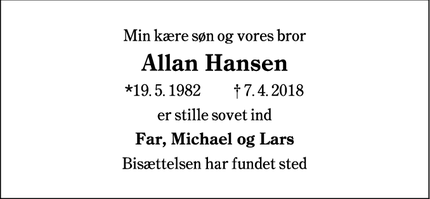 Dødsannoncen for Allan Hansen - Esbjerg