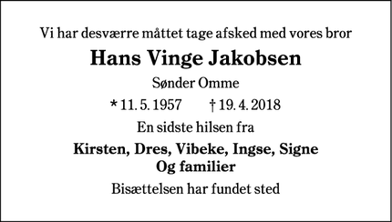 Dødsannoncen for Hans Vinge Jakobsen - Sønder-Omme