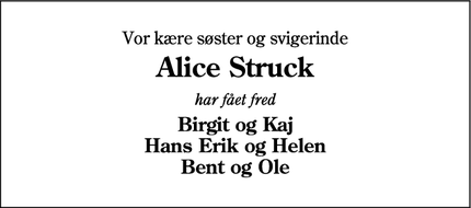 Dødsannoncen for Alice Struck - Nordborg, Danmark