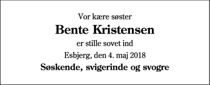 Dødsannoncen for Bente Kristensen - Varde