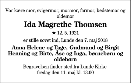 Dødsannoncen for Ida Magrethe Thomsen - Lunde