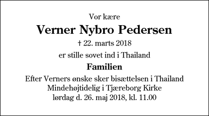 Dødsannoncen for Verner Nybro Pedersen - Tjæreborg