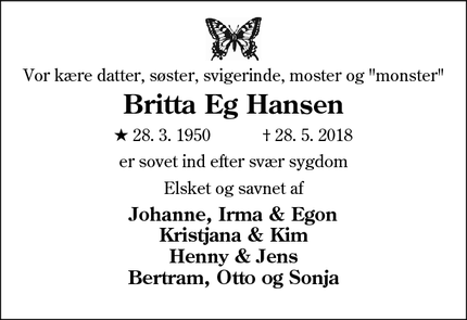 Dødsannoncen for Britta Eg Hansen - Tjæreborg