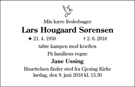 Dødsannoncen for Lars Hougaard Sørensen - Esbjerg