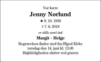 Dødsannoncen for Jenny Nørlund - Ølgod