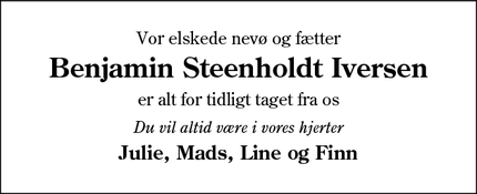 Dødsannoncen for Benjamin Steenholdt Iversen  - Haderslev