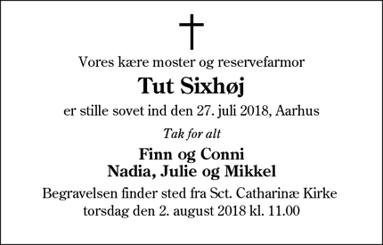 Dødsannoncen for Tut Sixhøj - Ribe