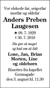 Dødsannoncen for Anders Preben Laugesen - Esbjerg V
