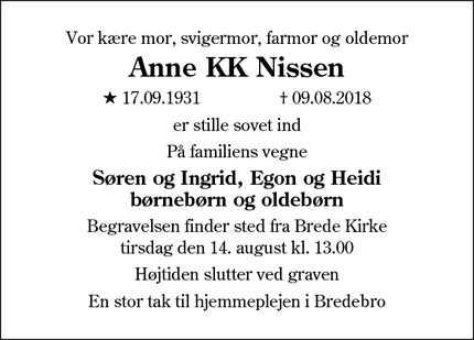 Dødsannoncen for Anne KK Nissen - Tønder