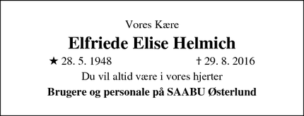 Dødsannoncen for Elfriede Elise Helmich - Nordborg