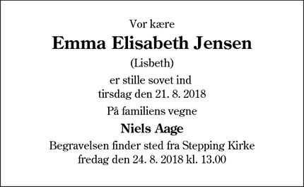 Dødsannoncen for Emma Elisabeth Jensen - Stepping