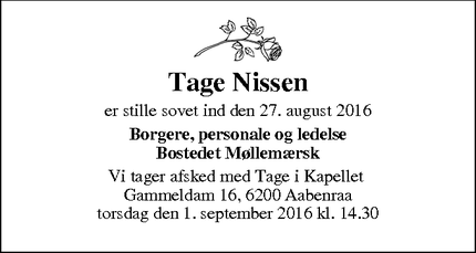 Dødsannoncen for Tage Nissen - Aabenraa