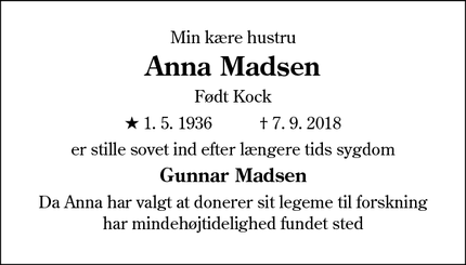 Dødsannoncen for Anna Madsen - Ensted