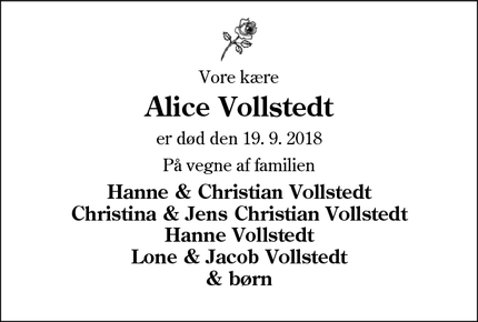 Dødsannoncen for Alice Vollstedt - Haderslev