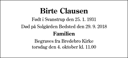 Dødsannoncen for Birte Clausen - Bredebro