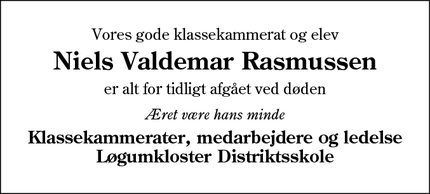 Dødsannoncen for Niels Valdemar Rasmussen - Løgumkloster