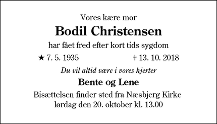 Dødsannoncen for Bodil Christensen - Næsbjerg