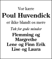 Dødsannoncen for Poul Huvendick - 6800 Varde