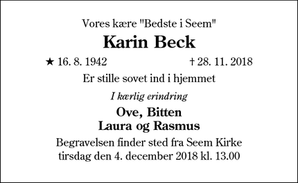 Dødsannoncen for Karin Beck - Seem