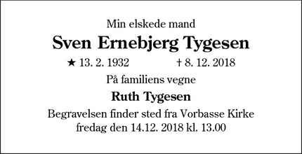 Dødsannoncen for Sven Ernebjerg Tygesen - Vorbasse