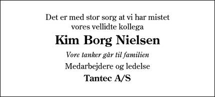Dødsannoncen for Kim Borg Nielsen - Esbjerg