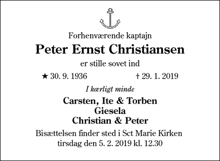Dødsannoncen for Peter Ernst Christiansen - Sønderborg