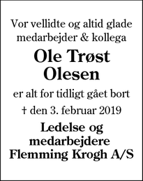 Dødsannoncen for Ole Trøst Olesen  - Esbjerg 