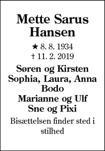 Dødsannoncen for Mette Sarus Hansen - Sønderborg