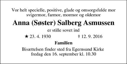 Dødsannoncen for Anna (Søster) Salberg Asmussen  - Gråsten