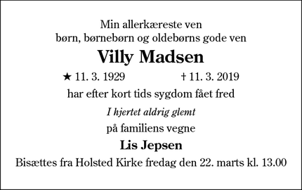 Dødsannoncen for Villy Madsen - Haderslev