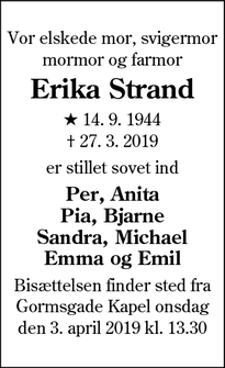 Dødsannoncen for Erika Strand - Esbjerg