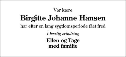 Dødsannoncen for Birgitte Johanne Hansen - Augustenborg