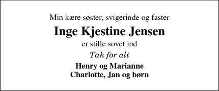 Dødsannoncen for Inge Kjestine Jensen - Jels