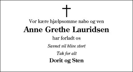 Dødsannoncen for Anne Grethe Lauridsen - Esbjerg