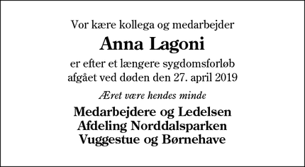 Dødsannoncen for Anna Lagoni - Esbjerg