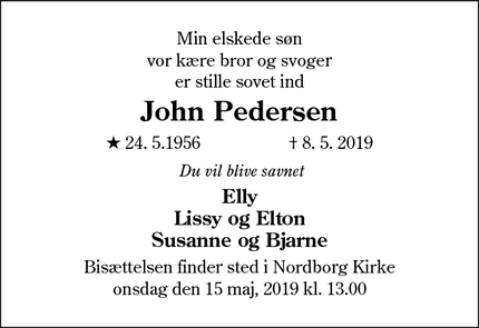 Dødsannoncen for John Pedersen - Nordborg