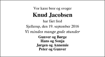 Dødsannoncen for Knud Jacobsen - Sjellerup, 6430 Nordborg
